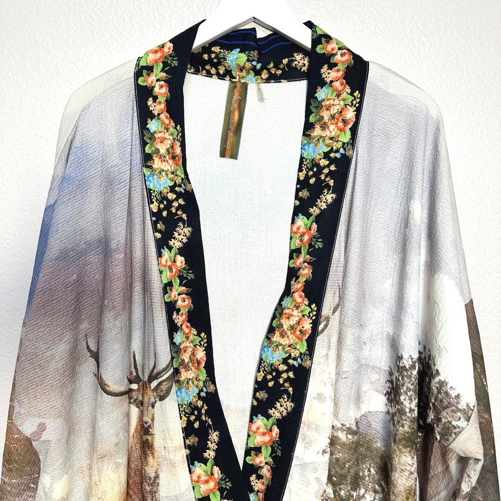 Aratta Silent Journey Anthropologie Deer Stag Floral Beaded Kimono Duster XL - Picture 7 of 12